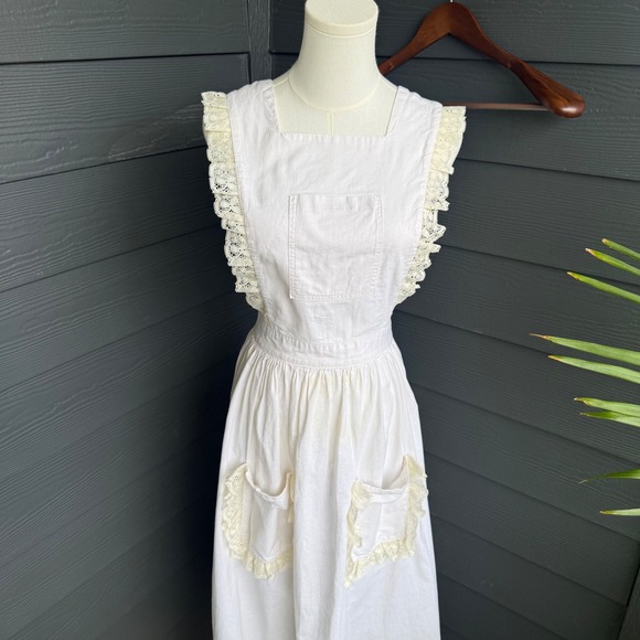 Handmade Accessories - Handmade White Linen Cottagecore Prairie Apron Dress Lace Open Back One Size